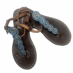 Bohemian Beaded Medallion Leather Thong Sandals Blue/Multi EU 40